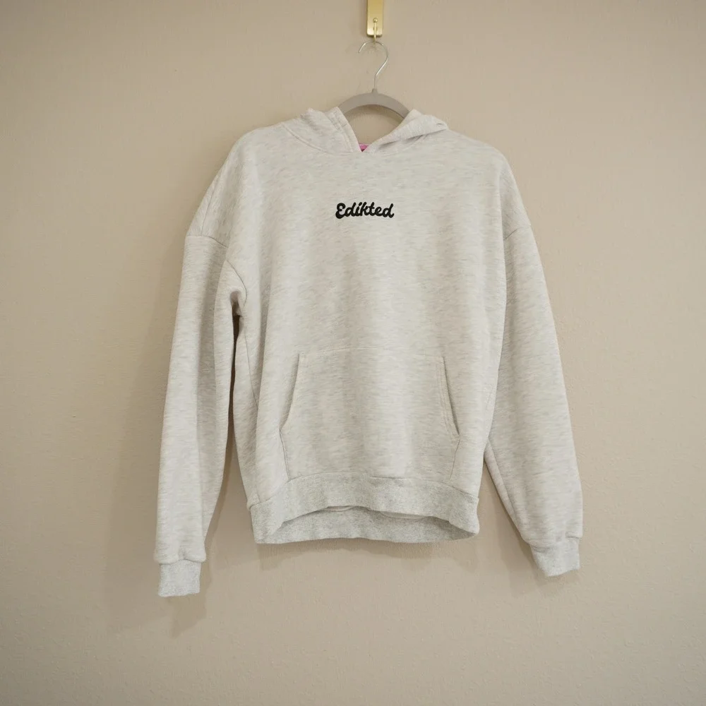 Edikted XS Oversized Heart Elbow Patch Embroidered Logo Hoodie Gray Heather